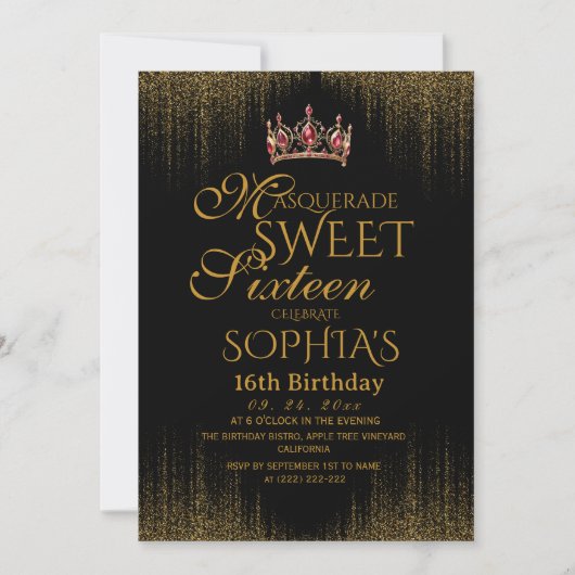 Masquerade Black Chic Sweet 16 Party 招待状 (正面)