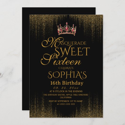 Masquerade Black Chic Sweet 16 Party 招待状 (正面/裏面)