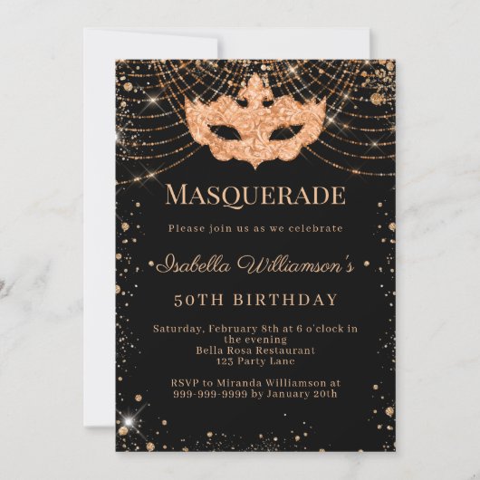 Masquerade black gold birthday party 招待状 (正面)