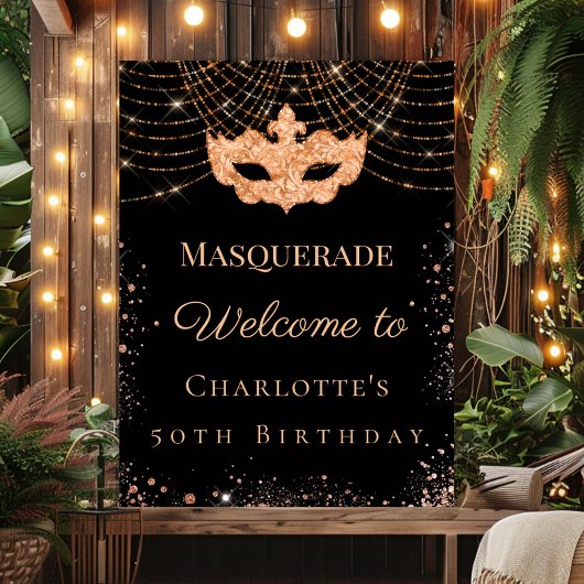 Masquerade black gold glitter birthday party ポスター