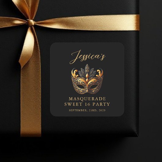 Masquerade Black Gold Sweet 16 Birthday Party スクエアシール
