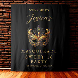 Masquerade Black Gold Sweet 16 Birthday Welcome タペストリー