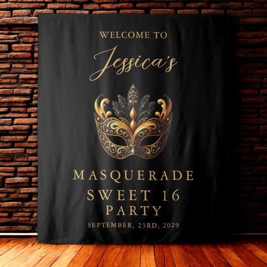 Masquerade Black Gold Sweet 16 Birthday Welcome タペストリー