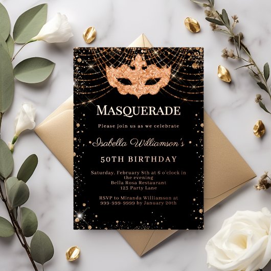 Masquerade black rose gold luxury birthday party 箔招待状
