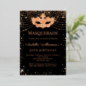 Masquerade black rose gold luxury birthday party 箔招待状 (立ち正面)
