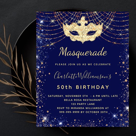 Masquerade blue金ゴールド誕生日予算の招待 チラシ