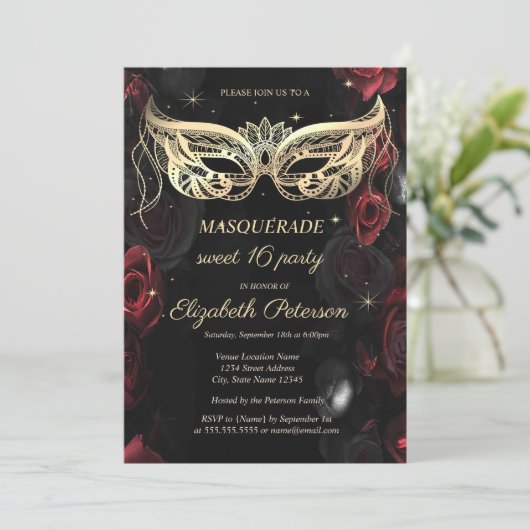 Masquerade Dark Red Roses Gothic Sweet 16 招待状 (スタンド正面)