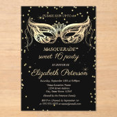 Masquerade Gold Diamonds Black Sweet 16 アクリル招待状 (正面)