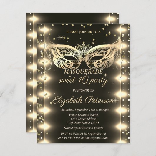 Masquerade Gold Diamonds Lights Sweet 16  招待状 (正面/裏面)