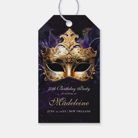Masquerade Mask Gold Purple Dramatic 50th Birthday ギフトタグ (正面)
