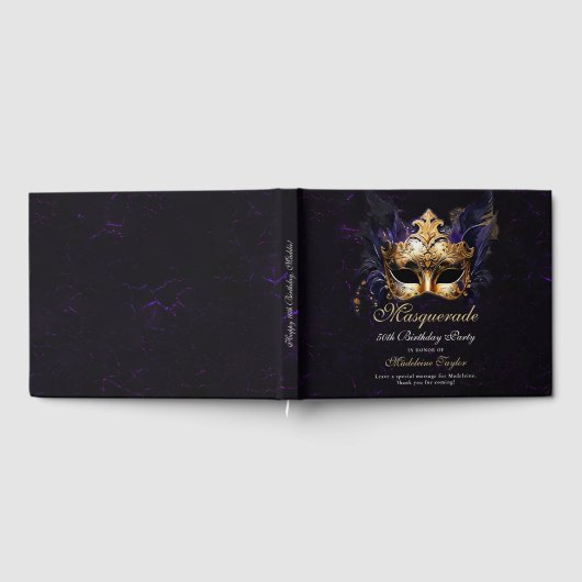 Masquerade Mask Gold Purple Dramatic 50th Birthday ゲストブック (全面)