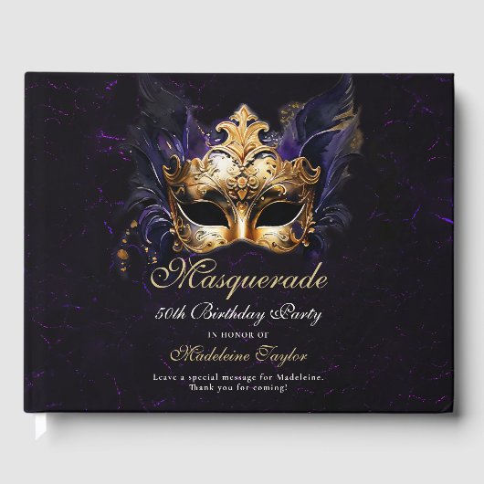 Masquerade Mask Gold Purple Dramatic 50th Birthday ゲストブック (正面)