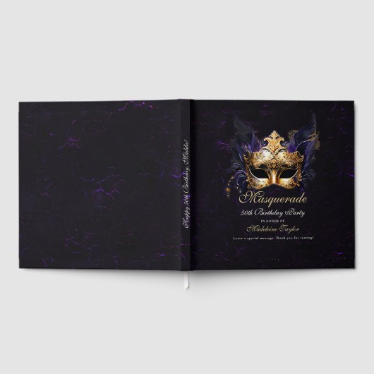 Masquerade Mask Gold Purple Dramatic 50th Birthday ゲストブック (全面)
