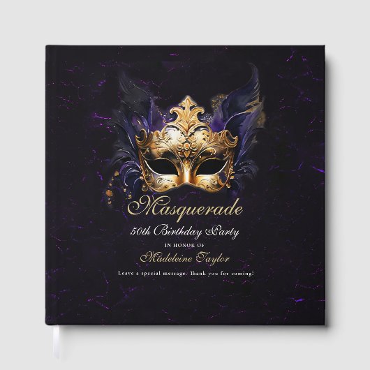 Masquerade Mask Gold Purple Dramatic 50th Birthday ゲストブック (正面)