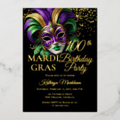 Masquerade Mask Mardi Gras 100th Birthday Party 箔招待状 (正面)