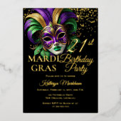 Masquerade Mask Mardi Gras 21st Birthday Party 箔招待状 (正面)