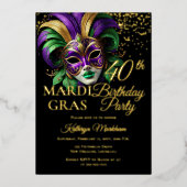 Masquerade Mask Mardi Gras 40th Birthday Party 箔招待状 (正面)