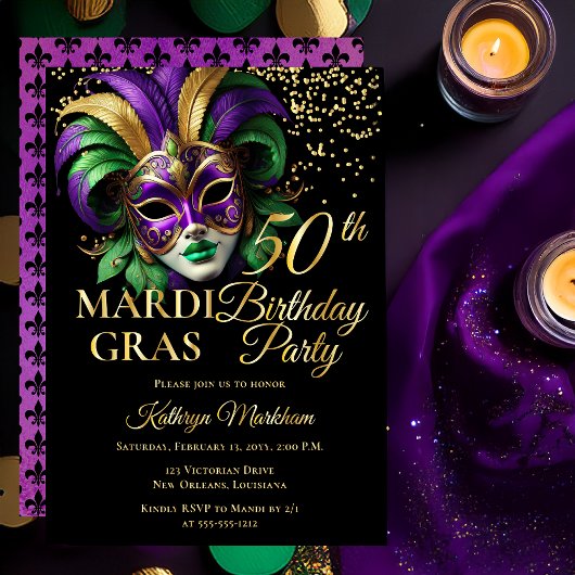 Masquerade Mask Mardi Gras 50th Birthday Party 箔招待状