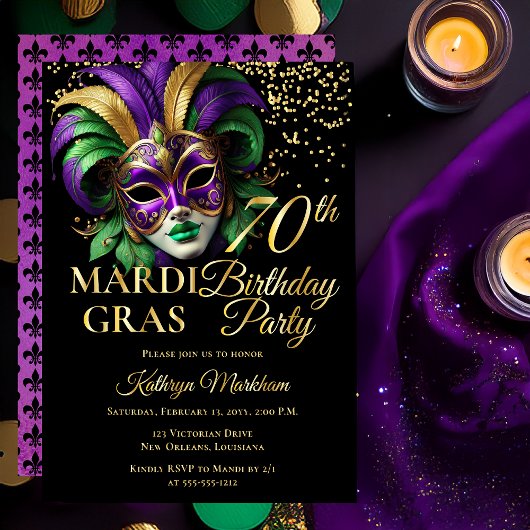 Masquerade Mask Mardi Gras 70th Birthday Party 箔招待状