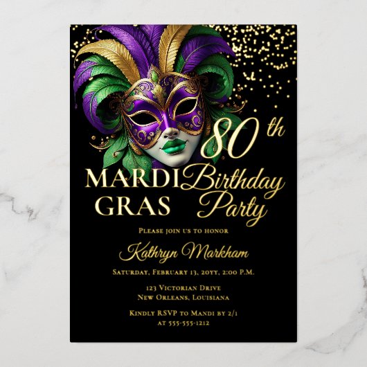 Masquerade Mask Mardi Gras 80th Birthday Party 箔招待状 (正面)