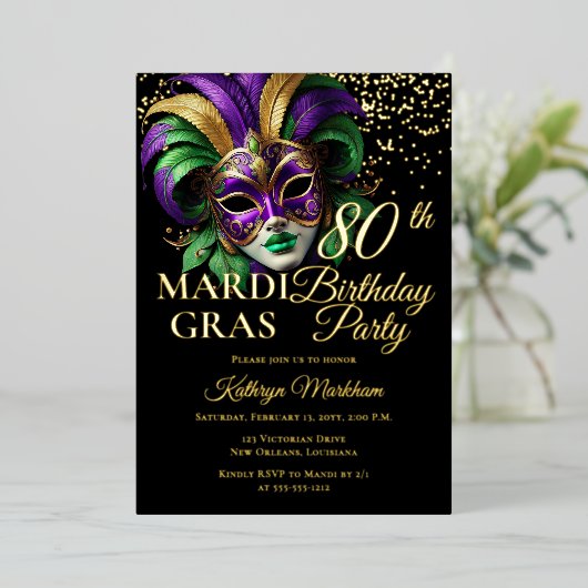 Masquerade Mask Mardi Gras 80th Birthday Party 箔招待状 (立ち正面)