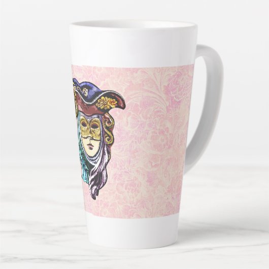 Masquerade Mask on Dusty Pink Brocade Pattern カフェラテマグ (右アングル)
