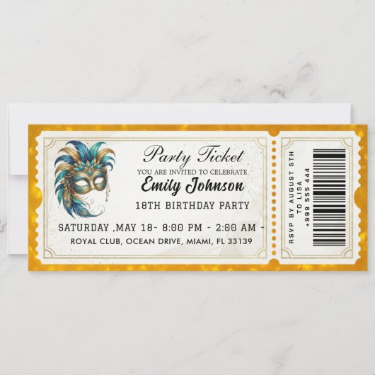 Masquerade Party Ticket Birthday Invitation Gold 招待状 (正面)