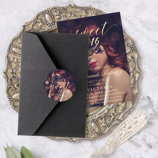Masquerade Photo Sweet 16 Birthday ラウンドシール