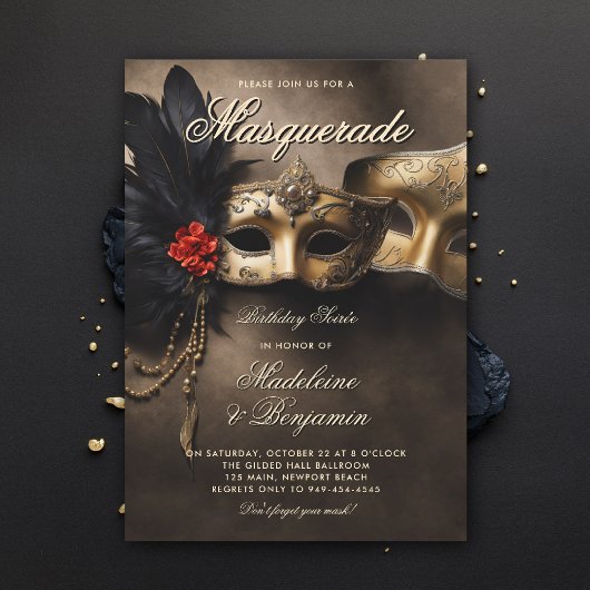 Masquerade Soiree Venetian Masks Duo 50th Birthday 招待状