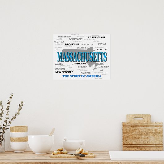 Massachusetts Cities and Towns State Pride Map ポスター (キッチン)