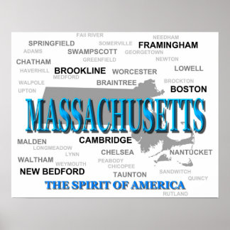 Massachusetts Cities and Towns State Pride Map ポスター