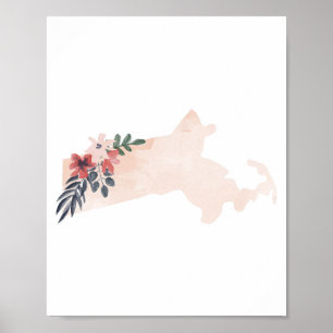 Massachusetts Floral Watercolor State ポスター