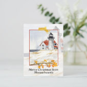 Massachusetts Light house Snowからのメリークリスマス シーズンポストカード (スタンド正面)