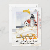 Massachusetts Light house Snowからのメリークリスマス シーズンポストカード (正面/裏面)
