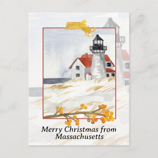 Massachusetts Light house Snowからのメリークリスマス シーズンポストカード (正面)