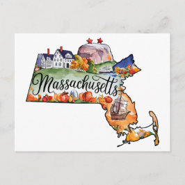 Massachusetts USA State Shaped Vintage Watercolor ポストカード