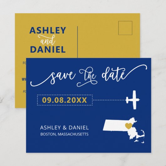 Massachusetts Wedding Save the Date Mapはがき ポストカード (正面/裏面)