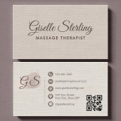 Massage Therapist Beige Linen Elegant QR Code 名刺