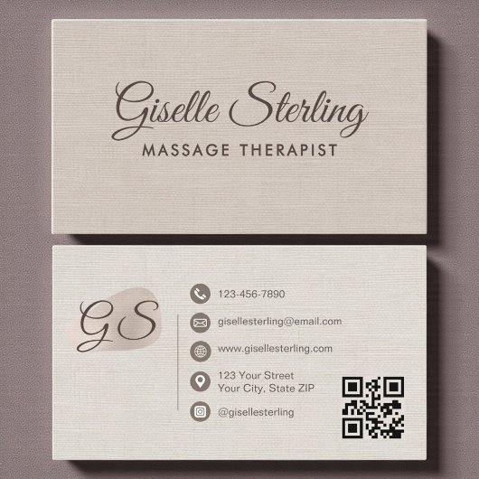 Massage Therapist Beige Linen Elegant QR Code 名刺