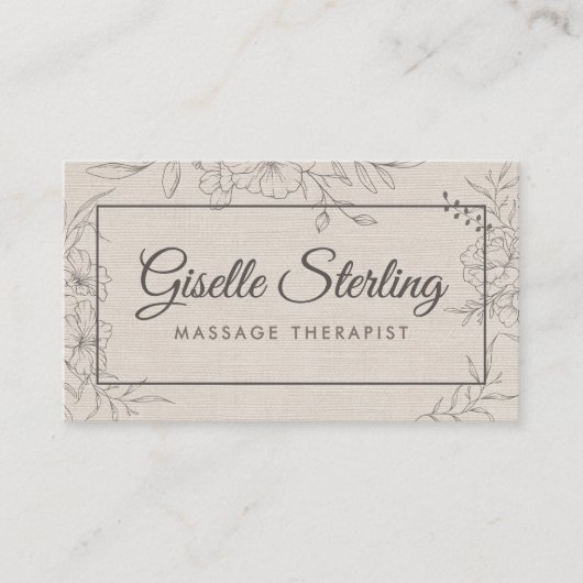 Massage Therapist Beige Linen Floral Line Art 名刺 (正面)