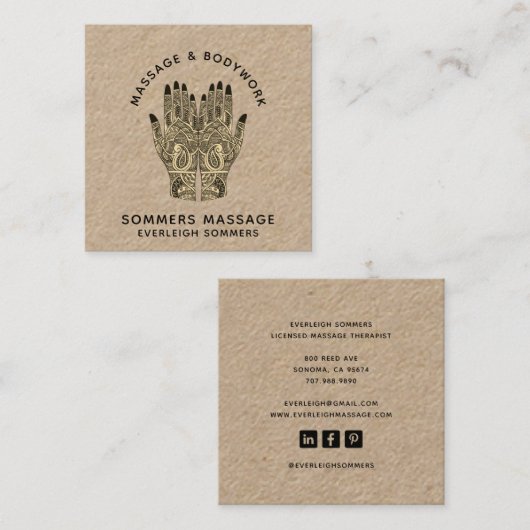 Massage Therapist Body Work Mehndi Henna Kraft Squ スクエア名刺 (正面/裏面)