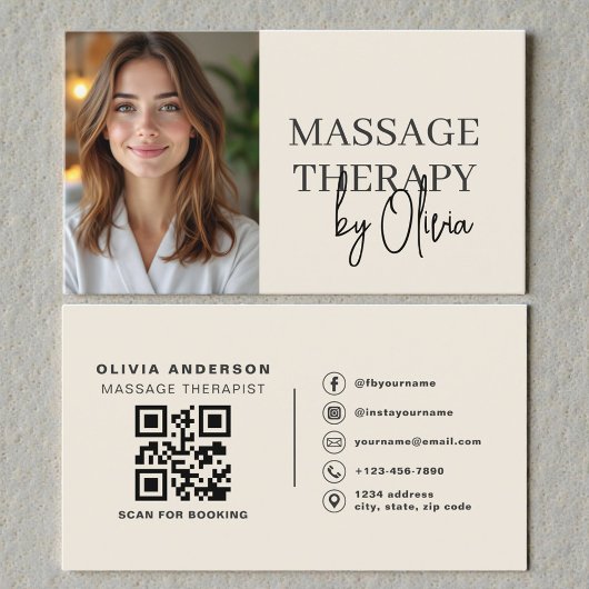 Massage Therapist Neutral Beige Photo QR Code 名刺