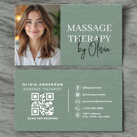 Massage Therapist Photo Linen Sage Green  名刺