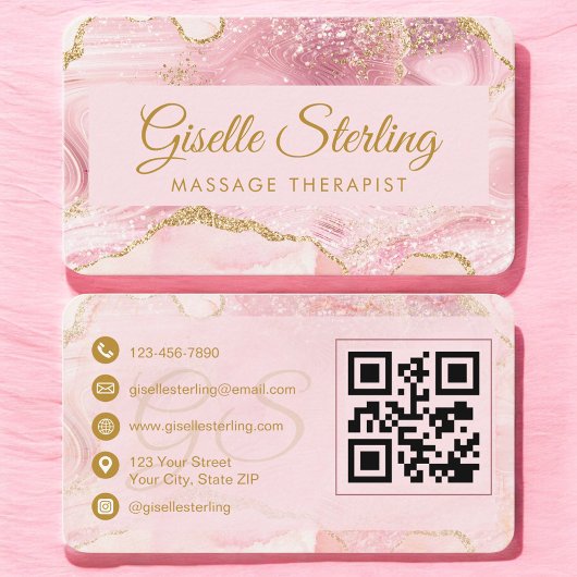 Massage Therapist Pink Gold Agate QR Code 名刺