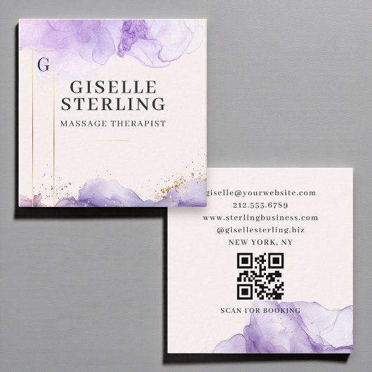 Massage Therapist Purple Watercolor QR Code スクエア名刺