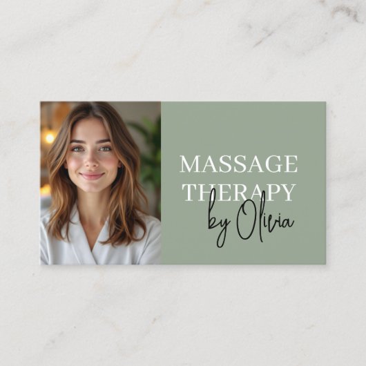 Massage Therapist QR Code Sage Green Photo 名刺 (正面)