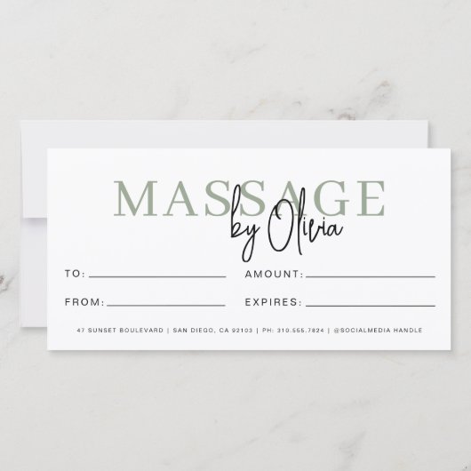 Massage Therapist Sage Green Gift Certificates (裏面)