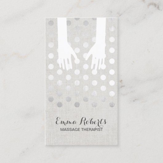 Massage Therapy Healing Hands Silver Dots Linen 名刺 (正面)