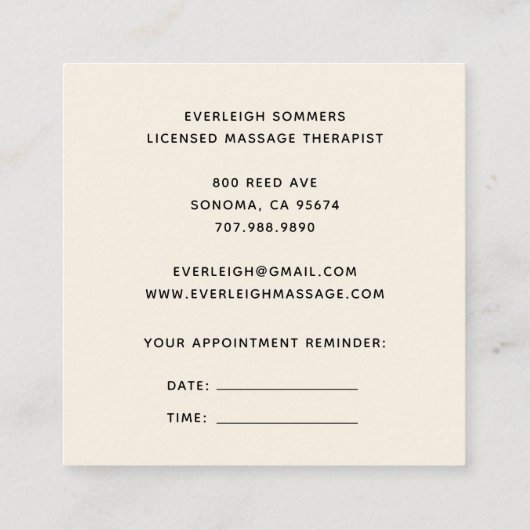 Massage Therapy With Appointment Reminder スクエア名刺 (裏面)