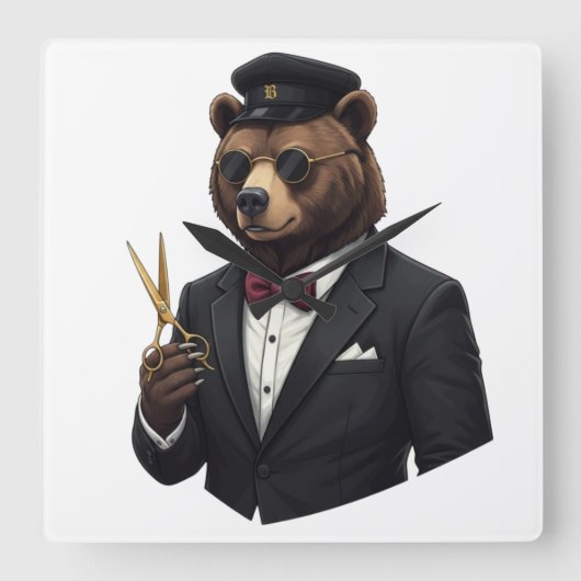 Master Barber Bear Luxury Wall Clock - Barber Shop スクエア壁時計 (正面)